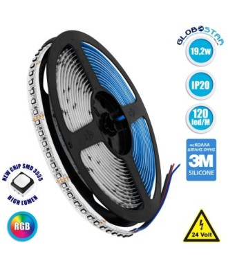 GLOBOSTAR® LUMAX 70267 Ταινία LED 19.2W-m 2145lm-m 120° DC 24V IP20 120 x SMD3535 Chip-m Πολύχρωμο RGB Dimmable - Sanan SMD Chip - M500 x Π1.5 x Υ0.2cm - Ρολό 5 Μέτρων - 5 Χρόνια Εγγύηση